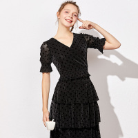 依尚街区时尚套装女高腰修身V领上衣+高腰半身裙中长裙两件套潮