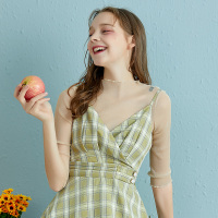 依尚街区时尚套装女格子吊带连衣裙网纱上衣显瘦田园风两件套潮