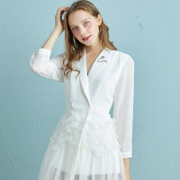 依尚街区西装领外套双排扣网纱拼接2020春季新款纯色显瘦上衣潮