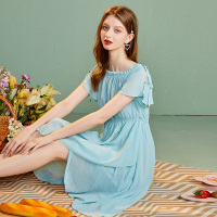 依尚街区2020夏季新款连衣裙女雪纺不规则松紧腰显瘦纯色中裙潮