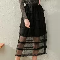 依尚街区网纱半身裙女2020新款高腰中长款蕾丝边修身显瘦百褶裙