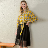 依尚街区百搭绑带格子衬衫+网纱连衣裙两件套春高腰显瘦套装女潮