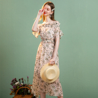 依尚街区小清新雪纺花色沙滩裙夏新款气质女一字肩a字连衣裙