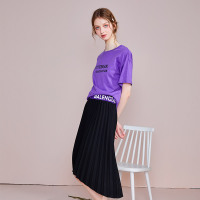 依尚街区休闲套装女夏新款圆领纯色T恤+高腰不规则半身裙两件套
