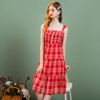 依尚街区吊带连衣裙女夏季新款高腰显瘦小个子减龄韩版格子中裙