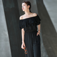 依尚街区新款女装时尚一字领荷叶边百褶雪纺显瘦阔腿裤连体裤潮