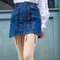 依尚街区个性牛仔短裙女装日系原宿风绑带小A字毛边不规则半身裙