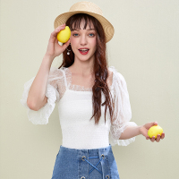 依尚街区超仙网纱泡泡袖主播小衫性感百搭露腰抹胸褶皱甜美上衣