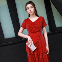 依尚街区2020夏新款网红亮片蛋糕裙法式V领长袖连衣裙仙女裙