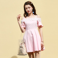 依尚街区欧洲站一字领吊带露肩连衣裙女装显瘦高腰蕾丝大摆裙子