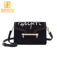 柏雅图（Boyatu）单肩包2018时尚刺绣字母牛皮斜挎包包女