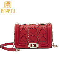柏雅图(boyatu)时尚链条单肩包心形牛皮斜挎包小方包铆钉小包包女