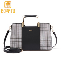 柏雅图(boyatu)新款格纹手提包女时尚拼接百搭单肩包女配牛皮包包