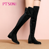 百田森冬季新款靴子磨砂真皮过膝长靴圆头粗跟高筒靴