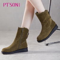 百田森冬季新款中筒靴女雪地靴圆头坡跟磨砂真皮女靴_1