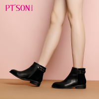 百田森靴子女新款冬季磨砂真皮女靴圆头马蹄跟短靴子_1