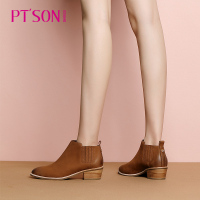 百田森英伦短靴女春秋新款小跟靴子粗跟真皮切尔西靴_1