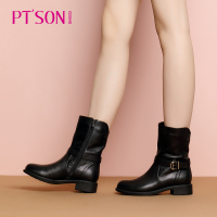 百田森季新款中筒靴女粗跟真皮圆头金属扣骑士靴_1