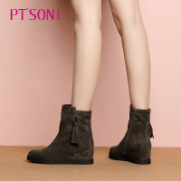 百田森靴子女新款冬季加绒中筒靴女流苏磨砂真皮女靴_1