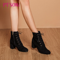 百田森新款冬季短靴女粗跟高跟休闲系带磨砂真皮女靴_1