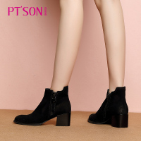 百田森短靴冬季真皮短靴圆头短靴女粗跟百搭女靴