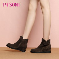 百田森靴子女新款冬季圆头坡跟短靴女磨砂真皮女靴子_1