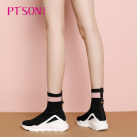 PT'SON/百田森2018冬季新款袜子靴女弹力靴高帮针织袜靴坡跟短靴