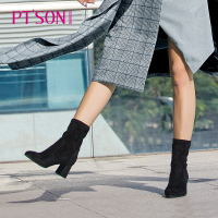 百田森新款短靴冬季圆头短靴女粗跟休闲高跟短靴女靴_1