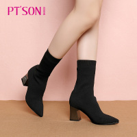 百田森冬季袜子靴女弹力靴高帮针织袜靴粗跟短靴