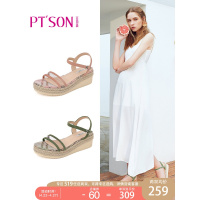 百田森夏季新款凉鞋女厚底一字扣带坡跟露趾百搭时尚平底女鞋_1