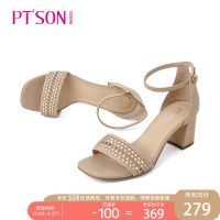 百田森夏季新款百搭凉鞋女ins潮粗跟中跟编织镂空女鞋_1