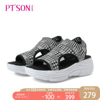 百田森夏新休闲运动凉鞋女厚底平底露趾简约百搭度假松糕鞋_1