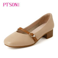 百田森秋季方头低跟玛丽珍鞋浅口水钻扣复古木纹跟拼色带女鞋