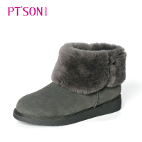百田森靴子女时尚新款冬季雪地靴圆头短靴女加绒真皮女靴