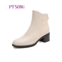 百田森短靴女新款圆头粗跟侧拉链真牛皮网红靴子女超火百搭