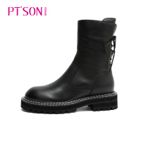 百田森帅气马丁靴女英伦风中筒新款百搭绑带中筒靴真皮马丁鞋