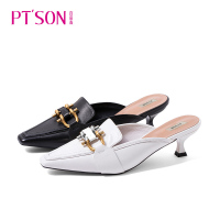 百田森夏季新款包头半拖鞋女穆勒鞋时尚异形扣猫中跟外出凉拖