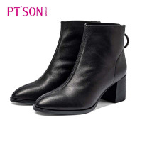 百田森冬季新款牛皮短靴女粗跟高跟时尚尖头冬靴复古妈妈短靴