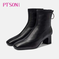 百田森冬季新款羊皮短靴时尚方头粗高跟女靴正装冬靴