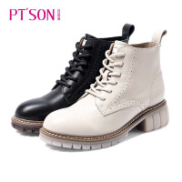 百田森商场同款秋马丁靴女头层牛皮英伦风布洛克增高中跟短靴