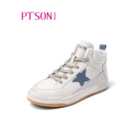 百田森秋季新款真皮高帮休闲鞋女百搭时尚港风休闲鞋ins潮