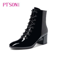 百田森冬季新款皱纹超纤漆皮正装女靴粗跟方头短靴