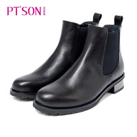 百田森冬季新款牛皮切尔西靴中跟厚底正装网红烟筒靴女短靴