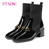 百田森弹力瘦瘦靴女秋冬加绒飞织拼接马衔扣粗跟连袜靴女复古