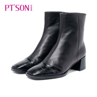 百田森冬季新款鳄鱼纹牛皮拼接短靴中粗跟方头女靴