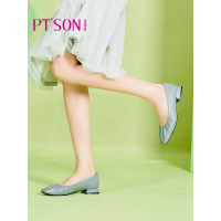 百田森商场同款2021春季新款甜美褶皱低跟女单鞋羊皮方头舒软鞋女