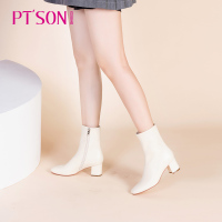 百田森商场同款春季新款羊皮气质中短靴女高粗跟正装靴