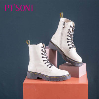 百田森商场同款春季马丁靴女真皮侧拉链圆头厚底短靴女