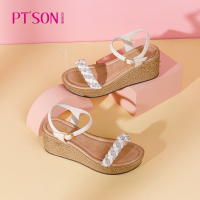 百田森2021夏商场同款编织凉鞋女坡跟厚底一字带波西米亚沙滩凉鞋