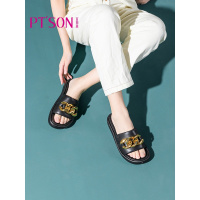 百田森2021夏季新款厚底凉拖鞋女羊皮链条粗扣女甜美风外出拖鞋女